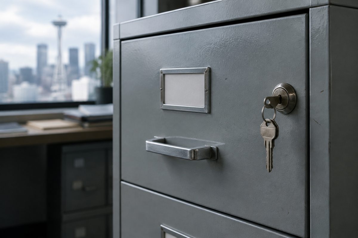 A closed steel records drawer with a key in its lock