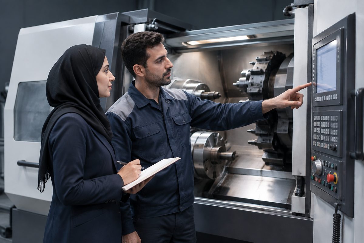 An internal auditor talks with a machine operator at a CNC workstation