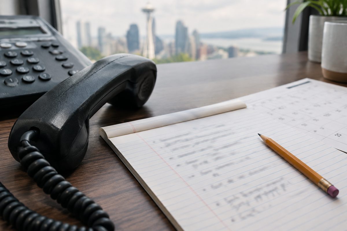 A ruled notebook with notes from a scoping call beside a desk phone