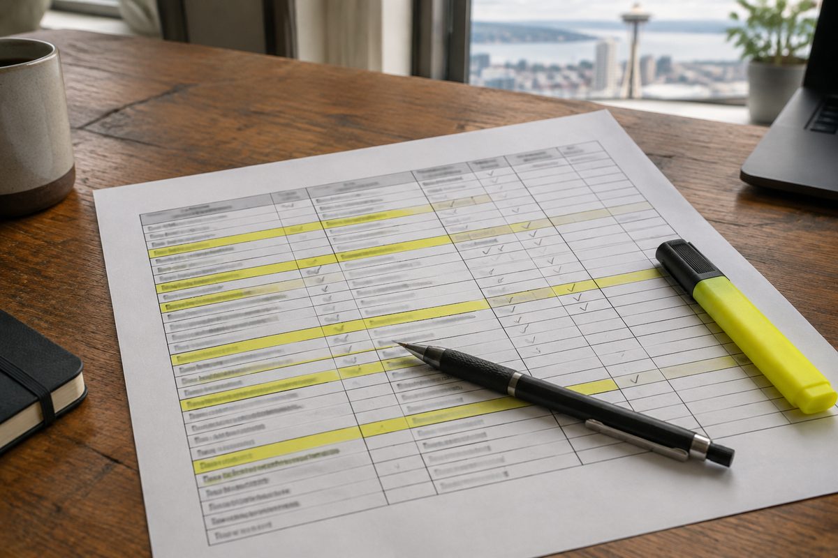 A clause-by-clause gap assessment matrix partly marked during a site visit