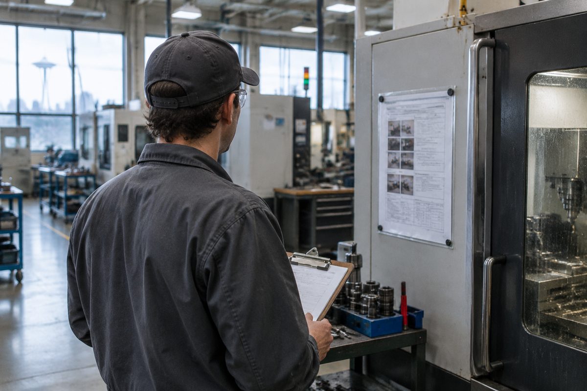 A consultant and a shift supervisor walk a production line with an audit clipboard