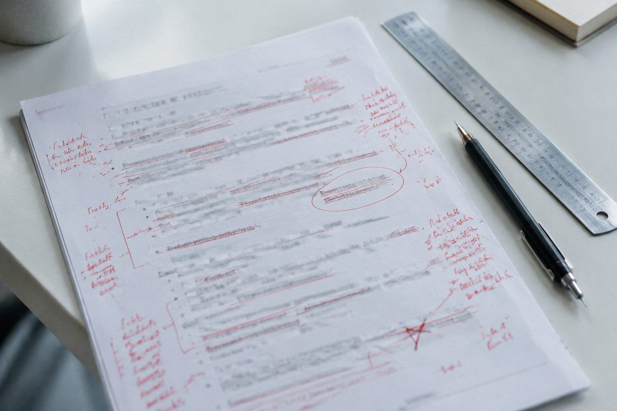 A printed procedure covered in red-pen revisions beside a steel ruler