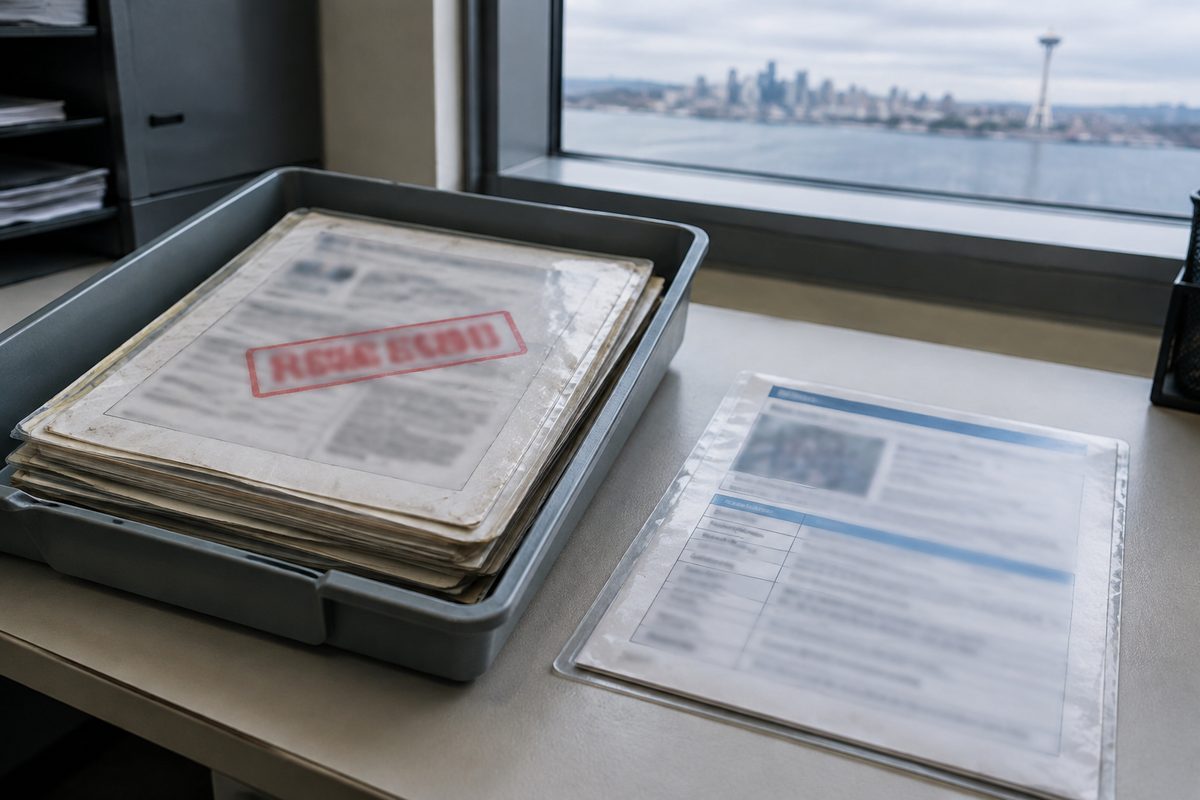 Superseded work instruction copies collected in a tray beside a fresh controlled copy