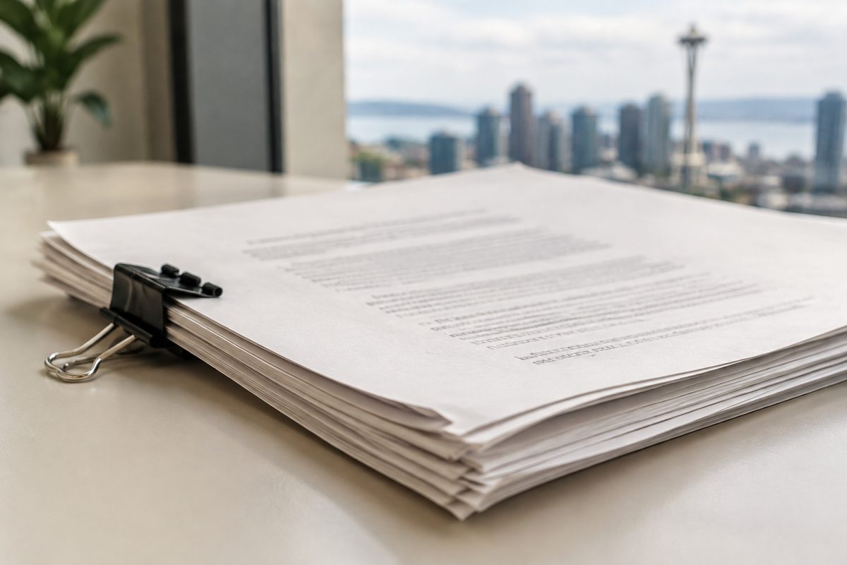 A stack of printed policy pages held with a binder clip