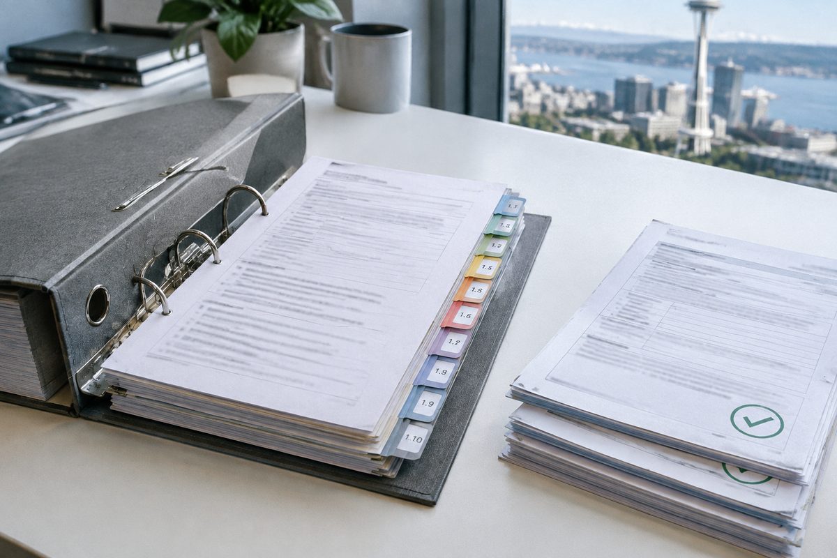 An open binder of closed corrective action records with tabbed dividers