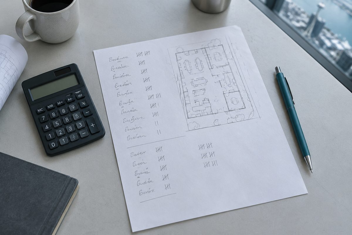 A scoping worksheet with a site sketch, headcount tallies and a calculator