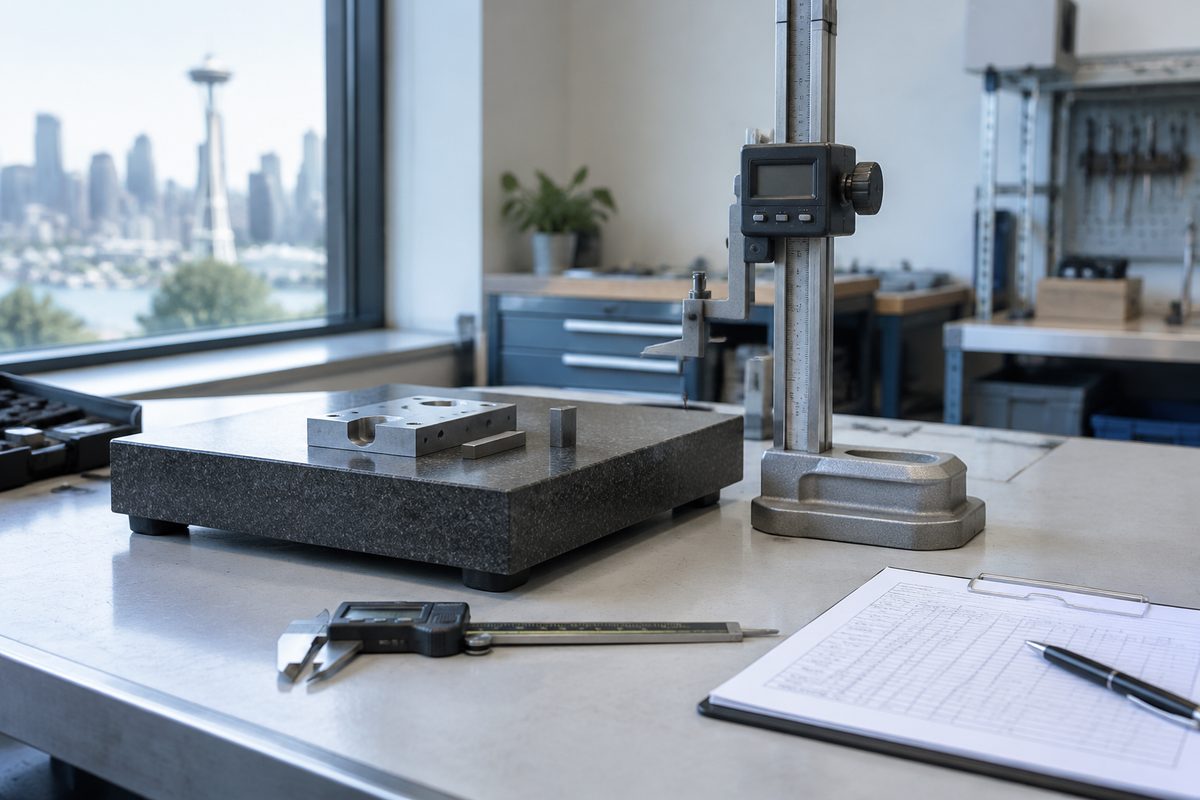 An inspection bench with calipers, a height gauge and a granite surface plate