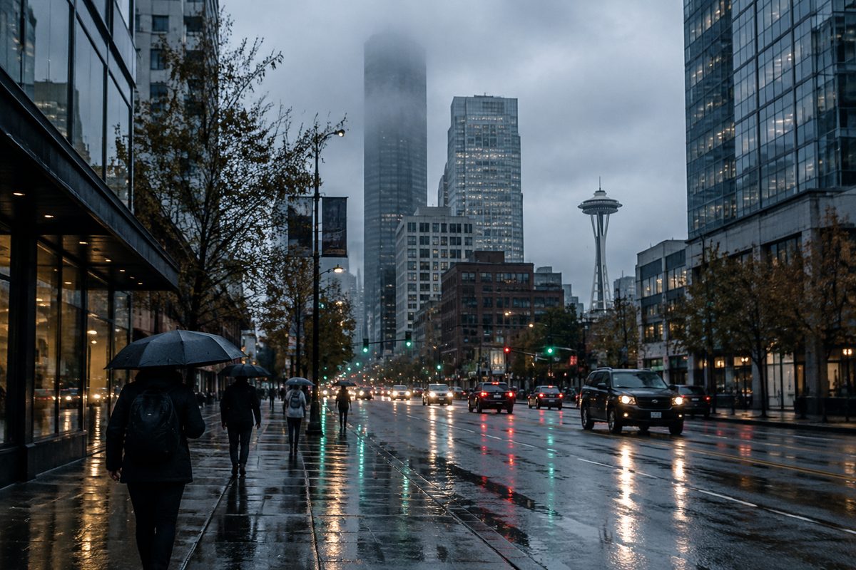 Sixth Avenue in downtown Seattle on a wet afternoon, office towers in low cloud