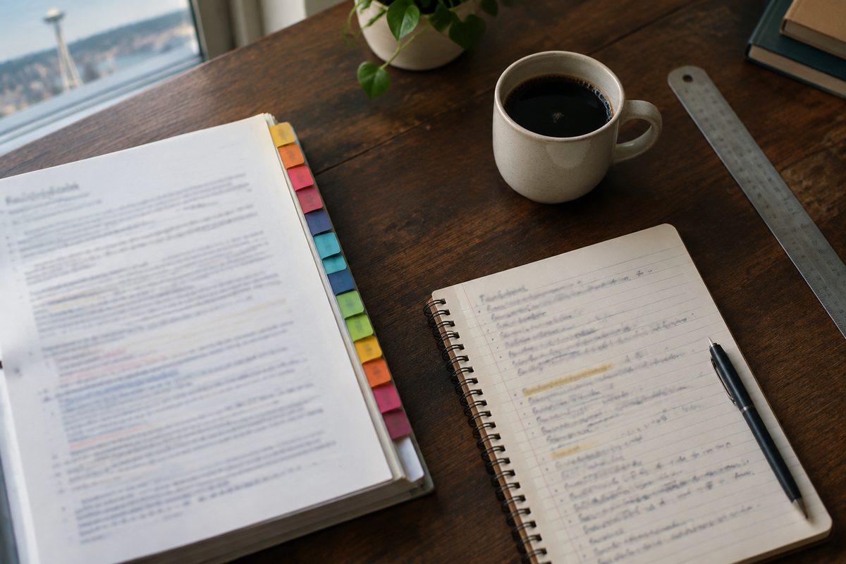 A studio work table with marked-up procedures and a steel ruler by an overcast window