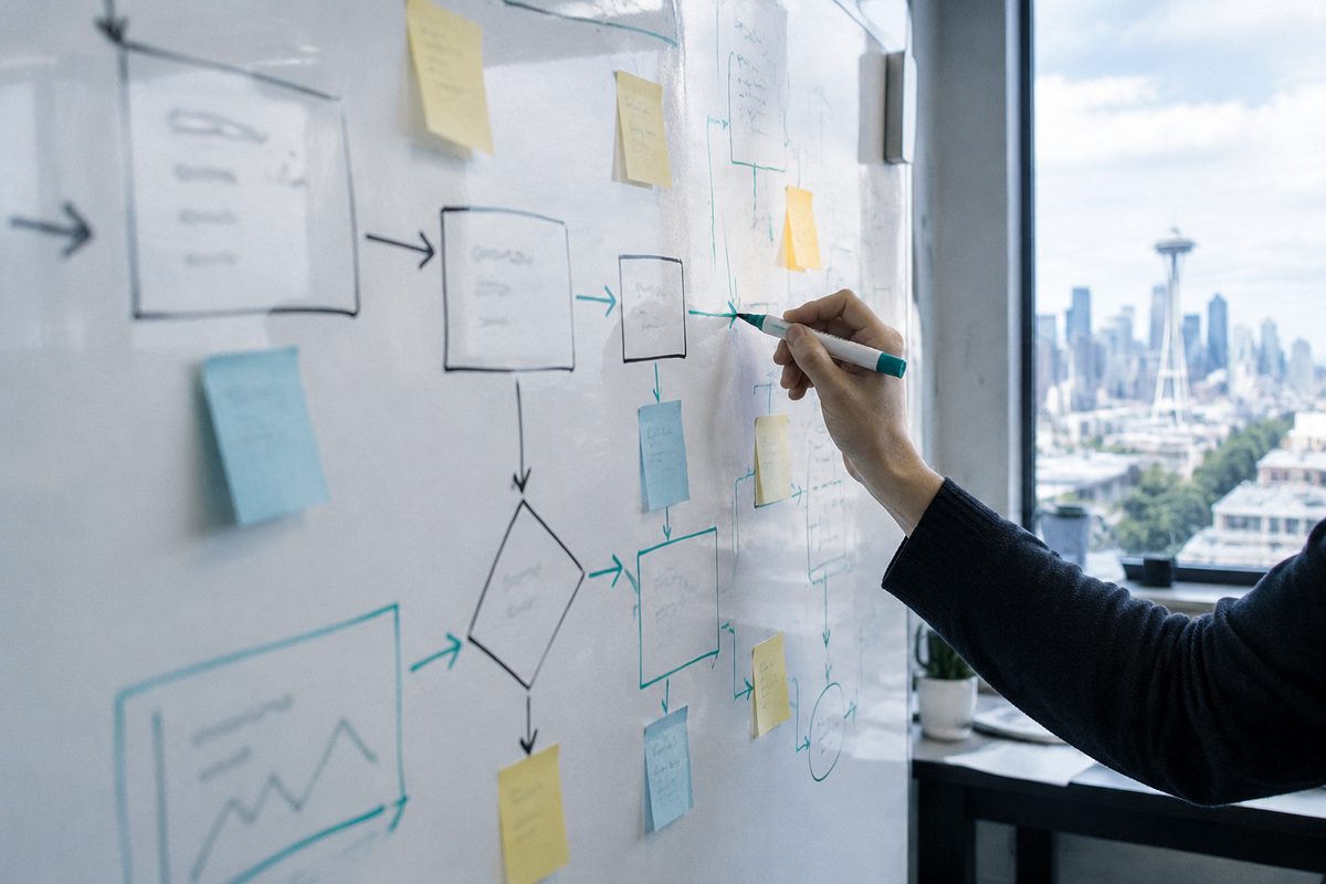 A hand adds an arrow to a process map drawn on a whiteboard