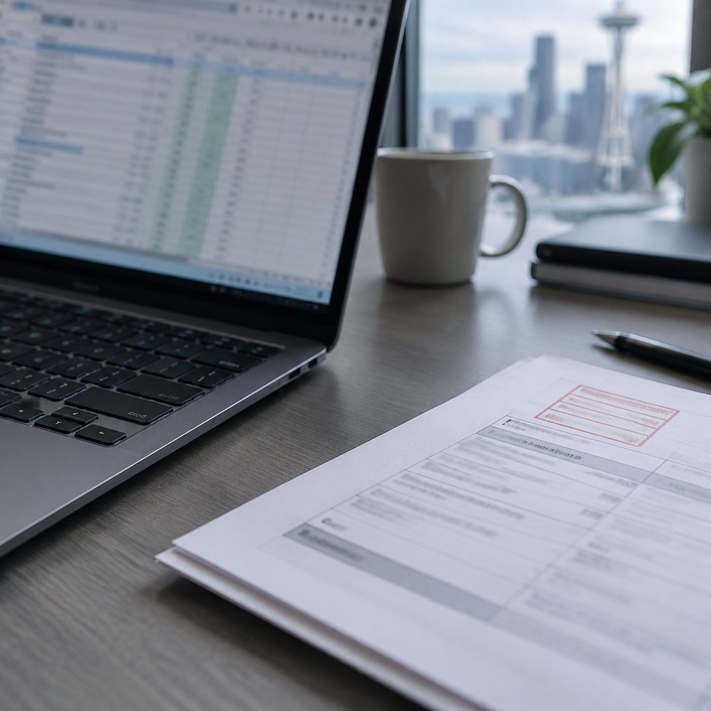 A document register on a laptop beside a printed controlled copy