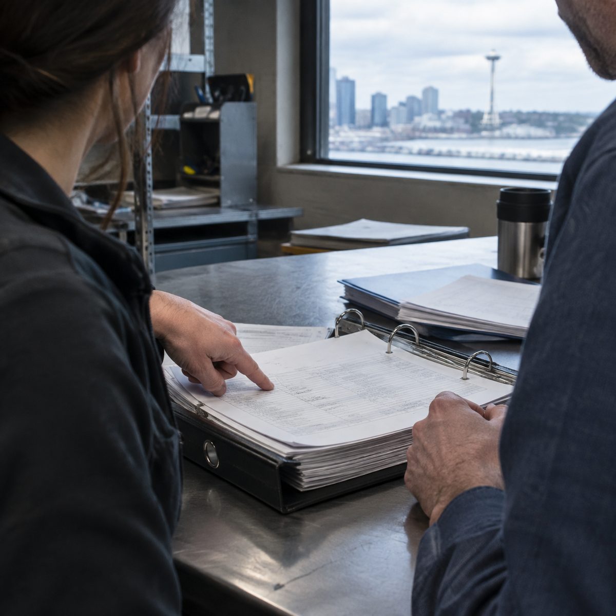 Two people sample inspection records from a binder during a mock audit