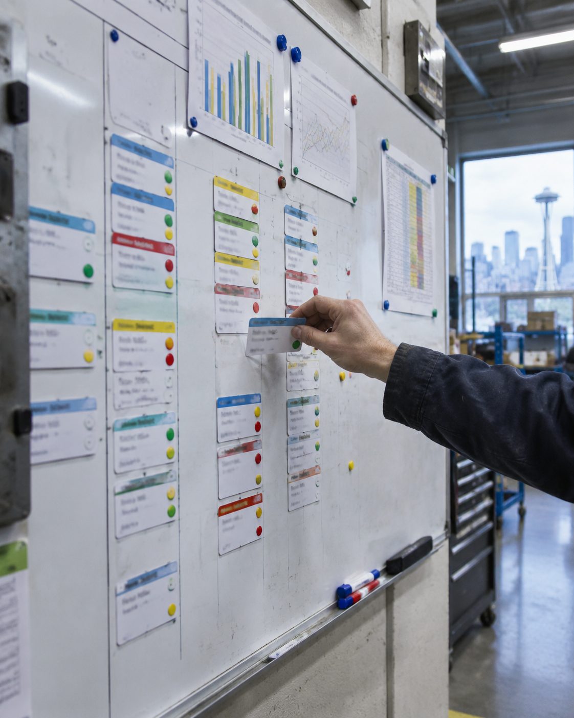 A worker moves a status card on a shop-floor quality board